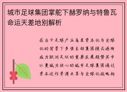 城市足球集团掌舵下赫罗纳与特鲁瓦命运天差地别解析