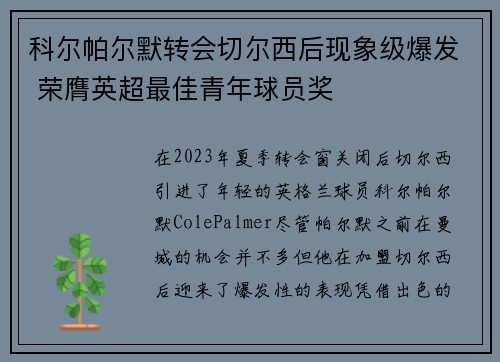 科尔帕尔默转会切尔西后现象级爆发 荣膺英超最佳青年球员奖 科尔帕尔默转会切尔西后现象级爆发 荣膺英超最佳青年球员奖